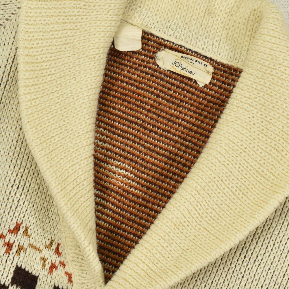 Vintage 70s JCPenney Heart Cardigan Shawl Collar Cowichan Floral Hippie Boho L - Picture 5 of 7